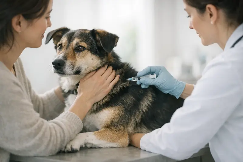 Ein ruhiger Hund lässt sich beim Tierarzt während einer Impfung untersuchen, was Vertrauen und Professionalität vermittelt.