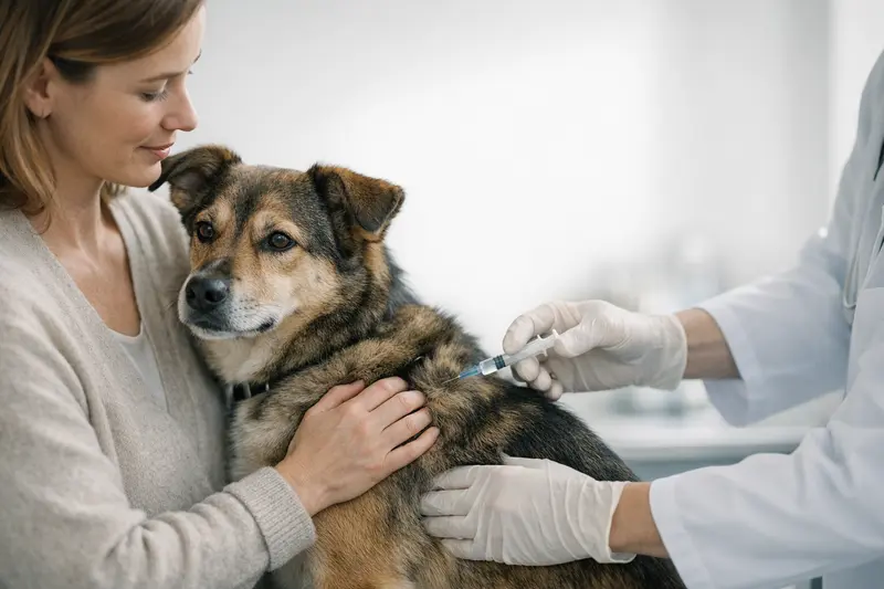 Ein ruhiger Hund erhält eine Impfung beim Tierarzt, symbolisiert Vorsorge und Gesundheit.