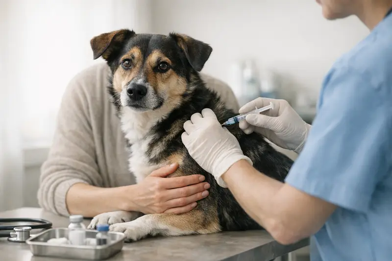 Ein gesunder Hund sitzt brav beim Tierarzt zur Impfung.