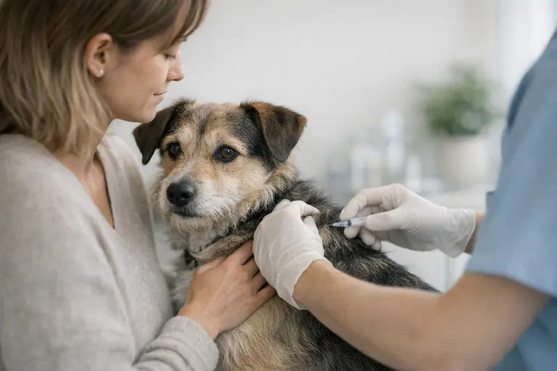 Ein beruhigter Hund wird beim Tierarzt untersucht, um die Wichtigkeit von Vorsorgeuntersuchungen zu betonen.