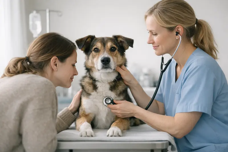 Ein gesunder Hund wird von einem Tierarzt in einer modernen Klinik untersucht.