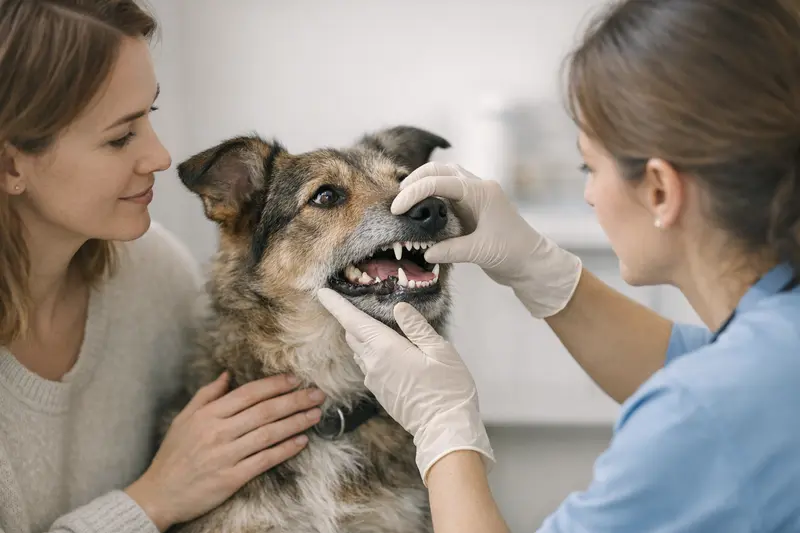 Ein vertrauensvoller Hund wird beim tierärztlichen Check des Mauls untersucht.