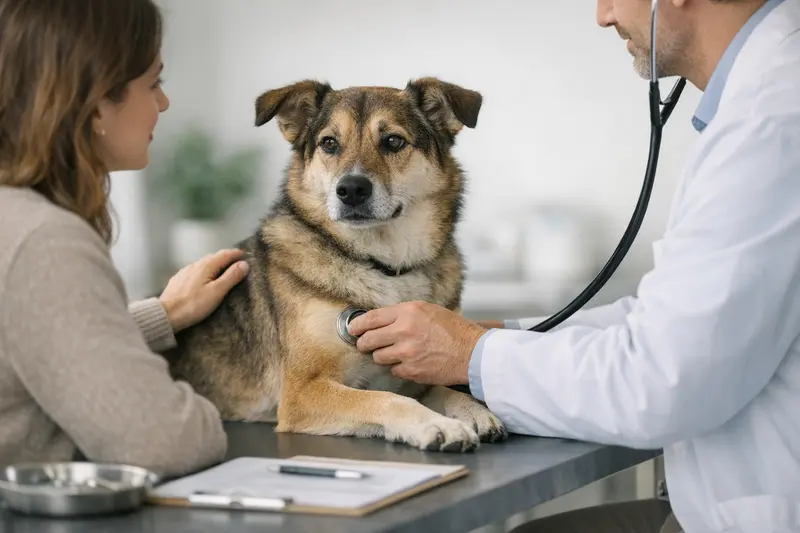 Ein gesunder Hund wird von einem Tierarzt untersucht, um sicherzustellen, dass er gut versorgt ist.