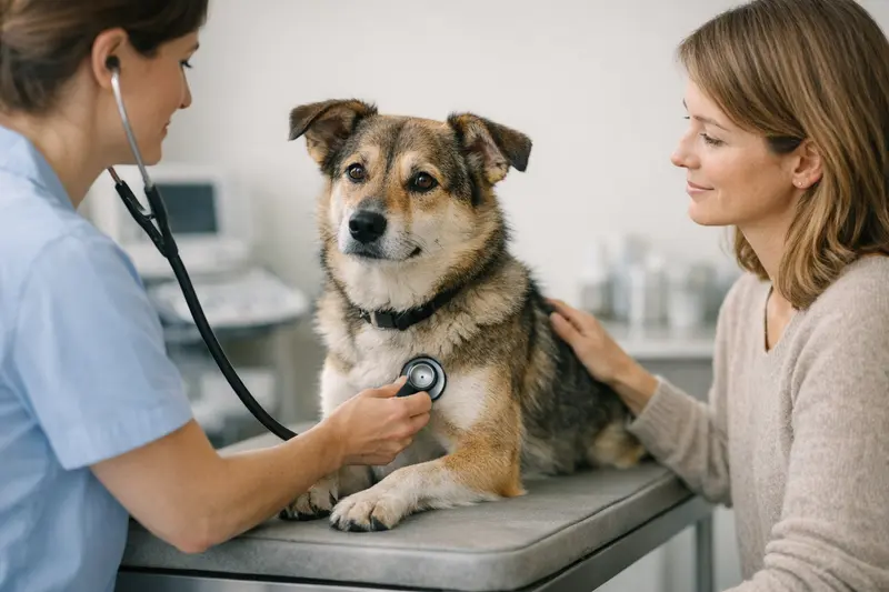 Ein freundlicher Hund wird von einem Tierarzt untersucht, um seine Gesundheit zu gewährleisten.