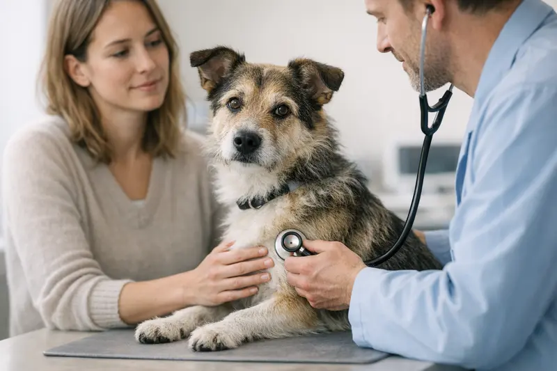 Ein ruhiger Hund wird beim Tierarzt untersucht, was Vertrauen und Sicherheit vermittelt.