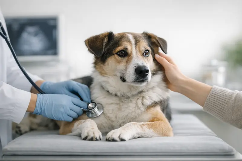 Ein gesunder Hund wird in einer tierärztlichen Praxis untersucht, um den Gesundheitszustand zu beurteilen.