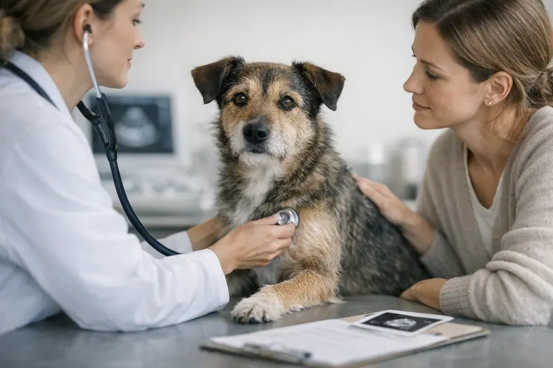 Ein Hund wird von einem Tierarzt bei einer Untersuchung sorgfältig untersucht, um seinen Gesundheitszustand zu beurteilen.