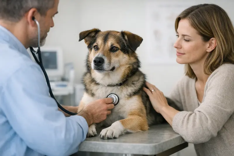 Ein entspannter Hund wird beim Tierarzt untersucht, um die Gesundheitskosten zu klären.