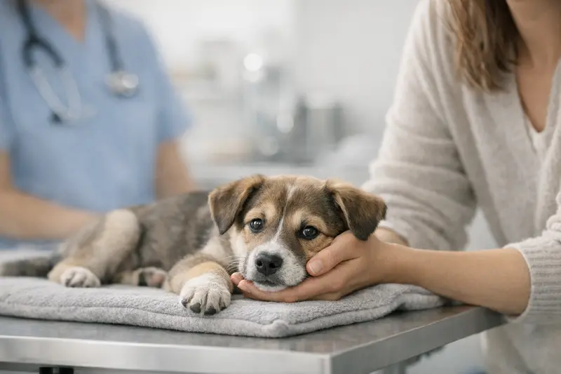 Ein ruhiger Welpe in einer kliniknahen Umgebung, der die Dringlichkeit der Gesundheitsvorsorge für Tiere unterstreicht.