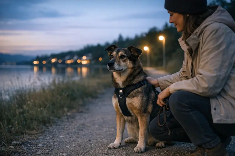Ein Hund geht bei Dämmerung an der Leine seines Halters spazieren und genießt die Sicherheit des nächtlichen Umfelds.