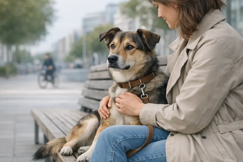 Ein verantwortungsbewusster Hundebesitzer führt seinen Hund in einem Stadtpark aus.