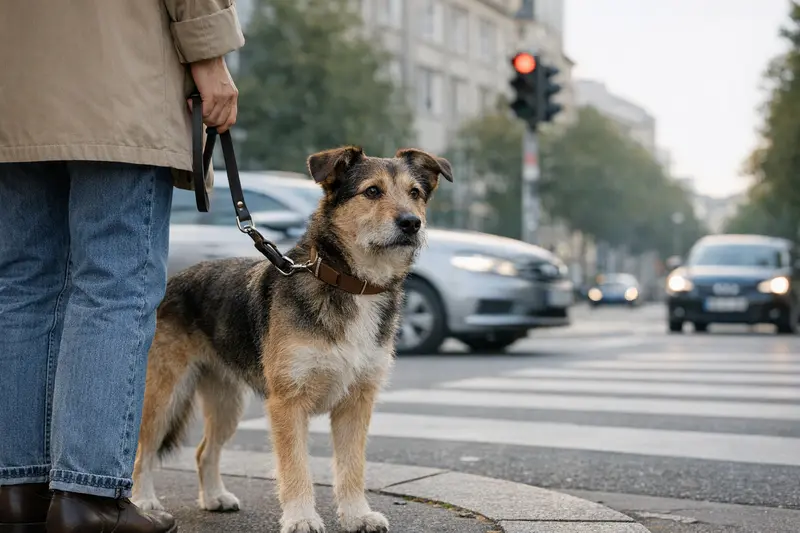 Ein entspannter Hund wird an der Leine in einer belebten Stadtumgebung ausgeführt, während Verkehr um ihn herum fließt.