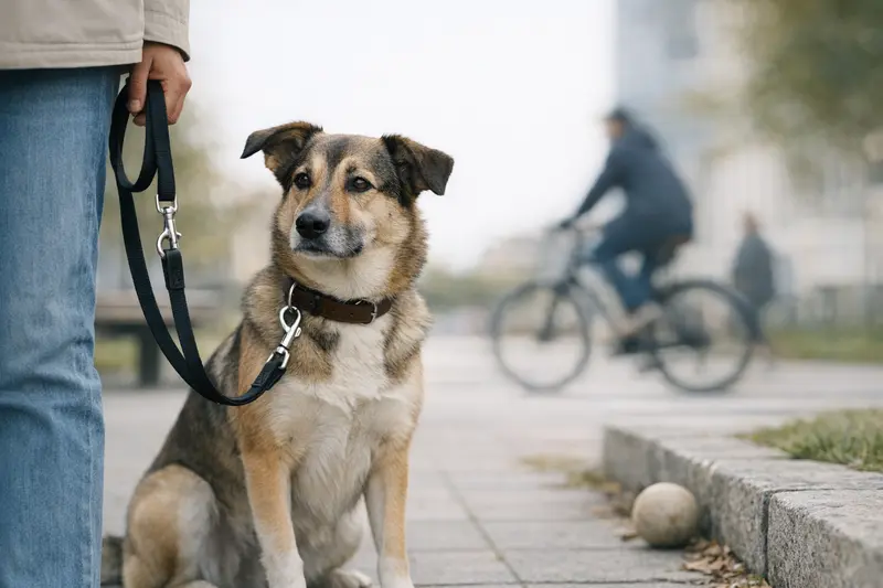 Ein Hund an der Leine, geführt von seinem Halter, symbolisiert Verantwortung und Haftungsrisiken in der Tierhaltung.