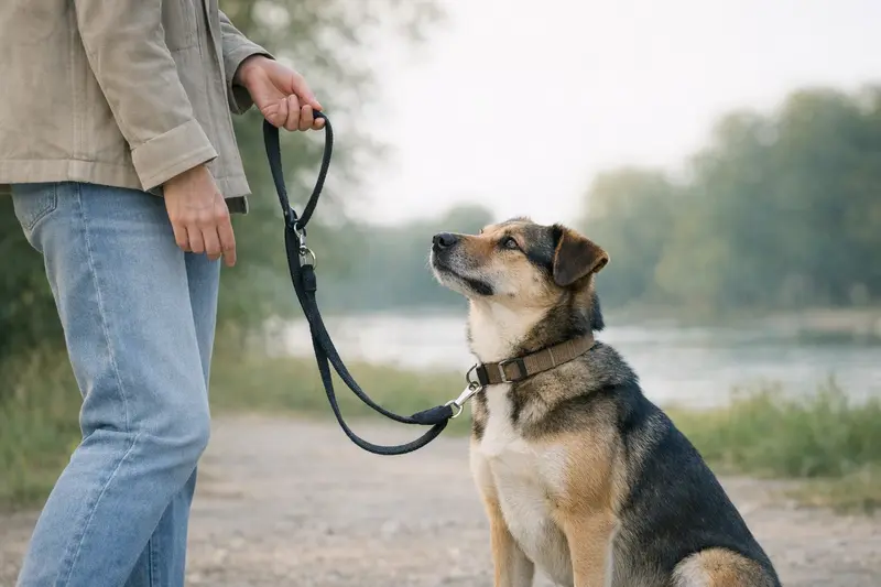 Ein verantwortungsvoller Hundebesitzer trainiert seinen Hund an der Leine im Park.