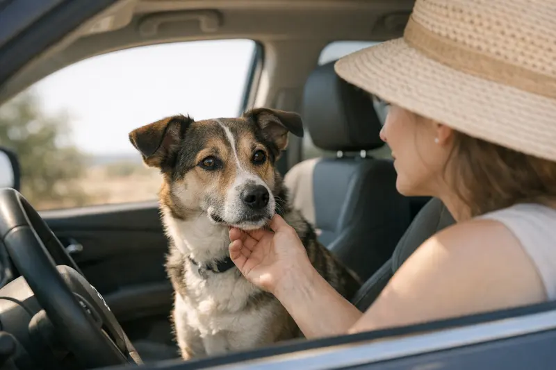 Ein Hund sitzt im Schatten eines geparkten Autos und genießt den Sommer.
