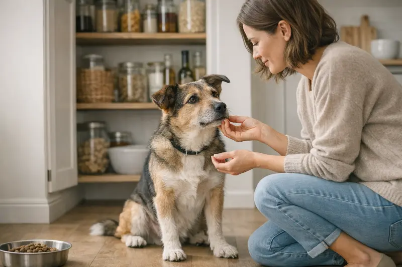 Ein gesunder Hund steht in einer modernen Küche neben einem Vorratsschrank.