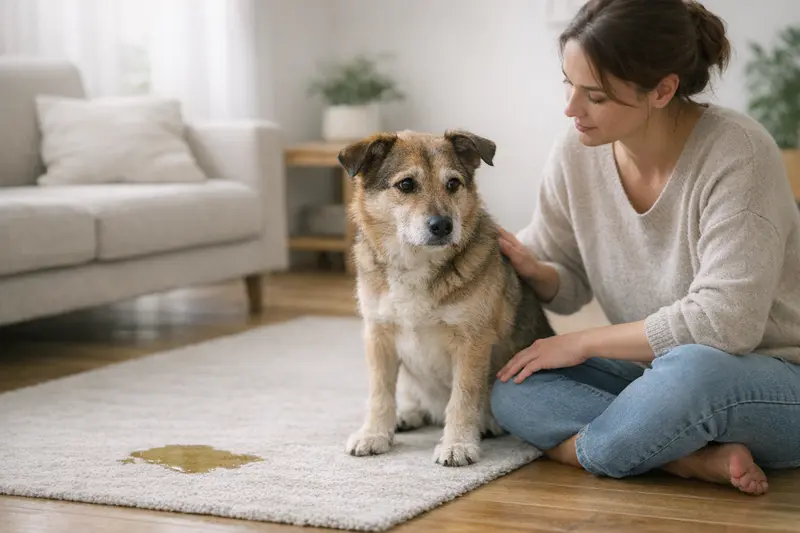 Ein ruhiger Hund in einem harmonischen häuslichen Umfeld, der die Problematik der Unsauberkeit ohne Scham darstellt.