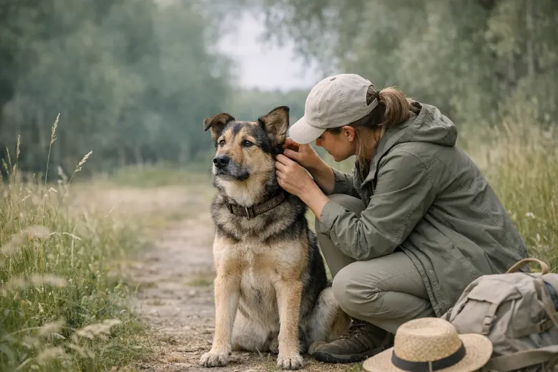 Ein gesunder Hund erkundet die Natur und genießt einen Spaziergang in einem zeckenreichen Gebiet.