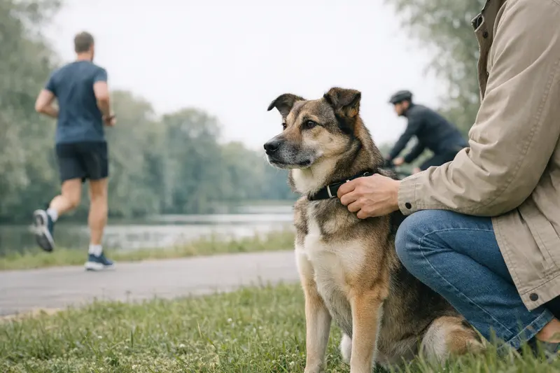 Ein verantwortungsbewusster Hundehalter sichert seinen Hund im Park, während ein Jogger vorbeiläuft.