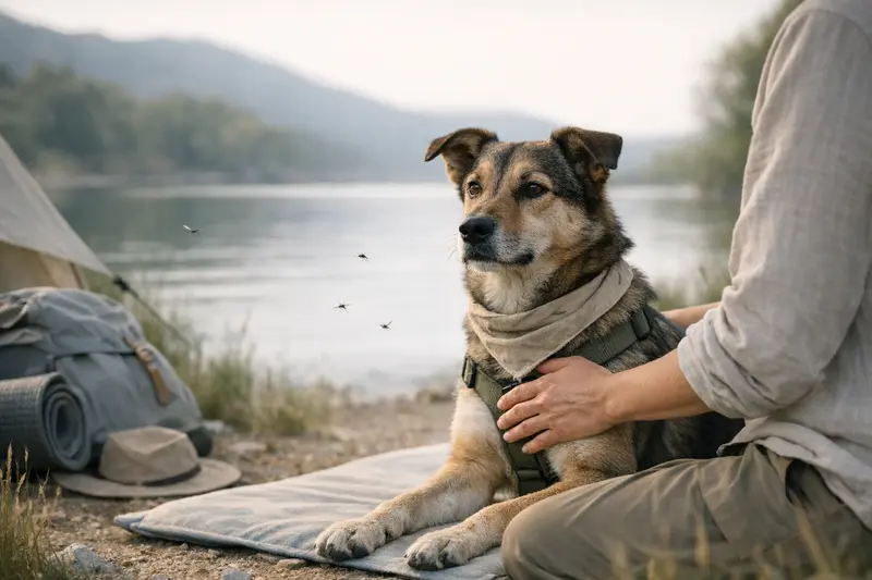 Ein gesunder Hund genießt einen Outdoor-Ausflug in der Natur mit einem subtilen Hinweis auf Mückenschutz.