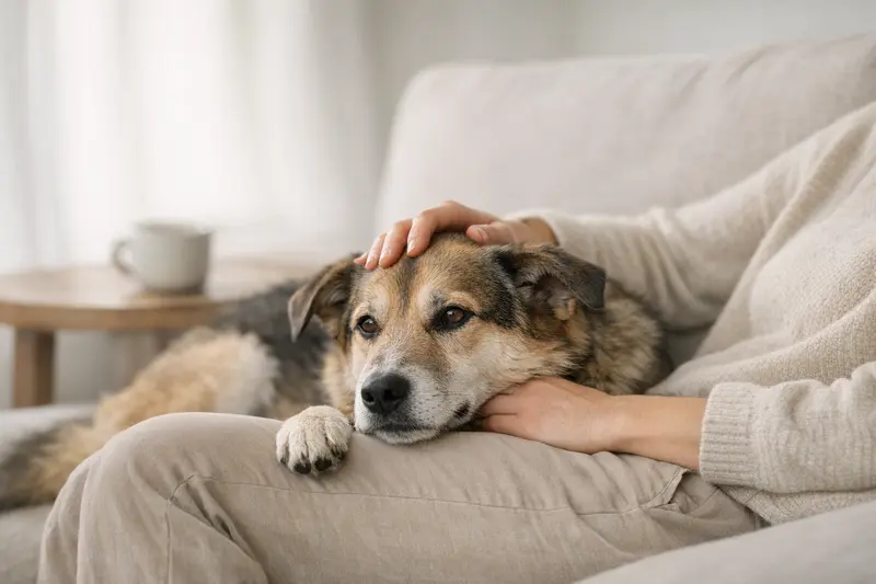 Ein gesunder Hund in einem ruhigen, neutralen Setting, der Fürsorge und Verantwortung vermittelt.