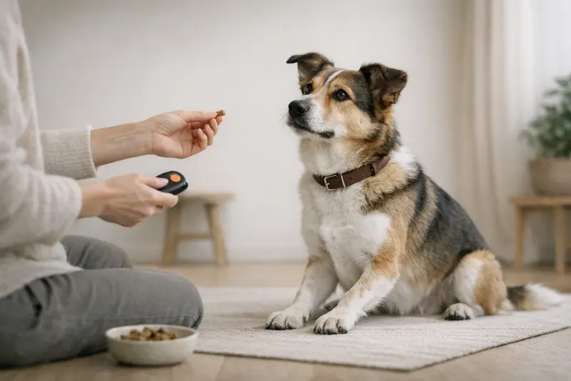 Ein Hund erhält eine Belohnung im ruhigen Trainingssetting mit Clicker.