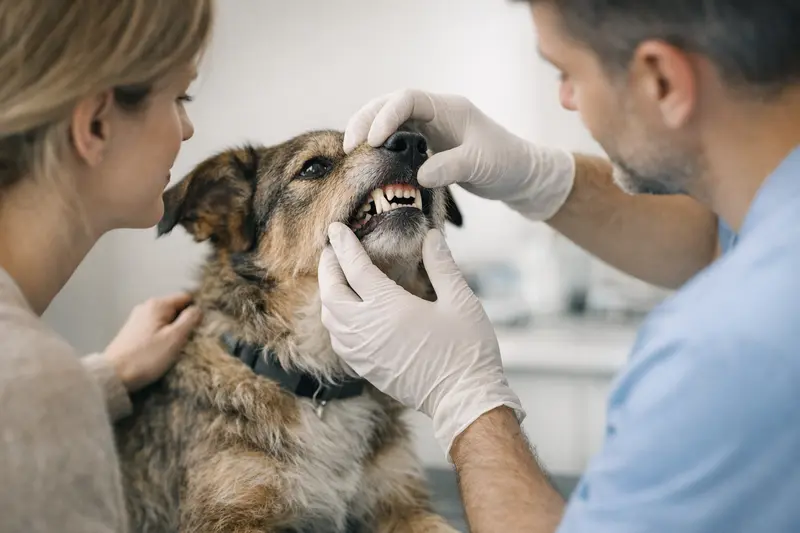 Ein Hund wird beruhigend von einem Tierarzt untersucht, während dessen Maul auf schonende Weise gecheckt wird.