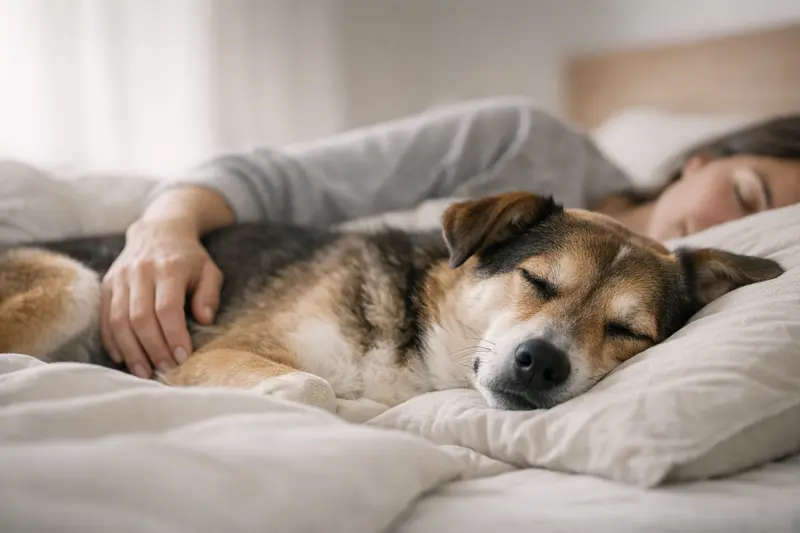 Ein ruhiger Hund schläft friedlich, während seine sanfte Atmung die Entspannung widerspiegelt.