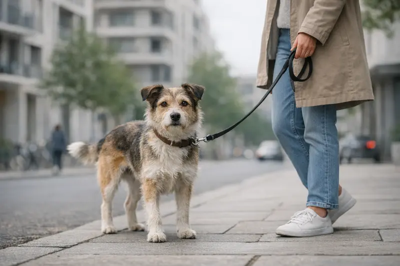 Ein entspannter Hund an lockerer Leine in einem modernen Stadtviertel.