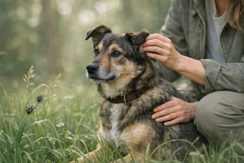 Ein Hund spielt im Gras und steht aufmerksam im Wald, während Zeckenrisiken im Hinterkopf sind.