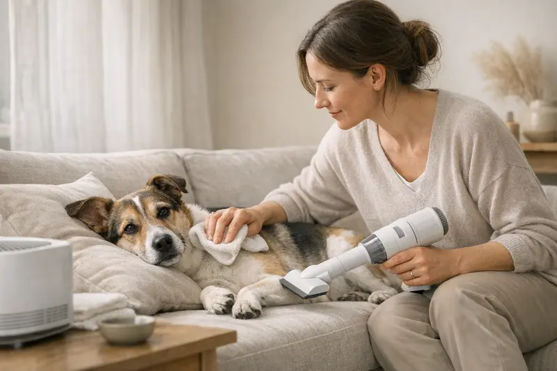 Ein freundlicher Hund entspannt sich in einem modernen Wohnzimmer und vermittelt ein harmonisches Wohnumfeld.