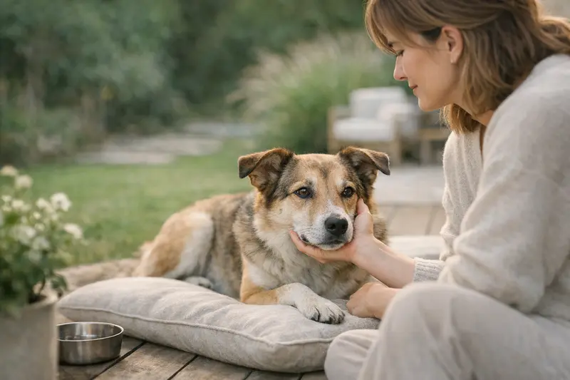 Ein entspannter Hund im Garten, der Achtsamkeit und Tiergesundheit symbolisiert.