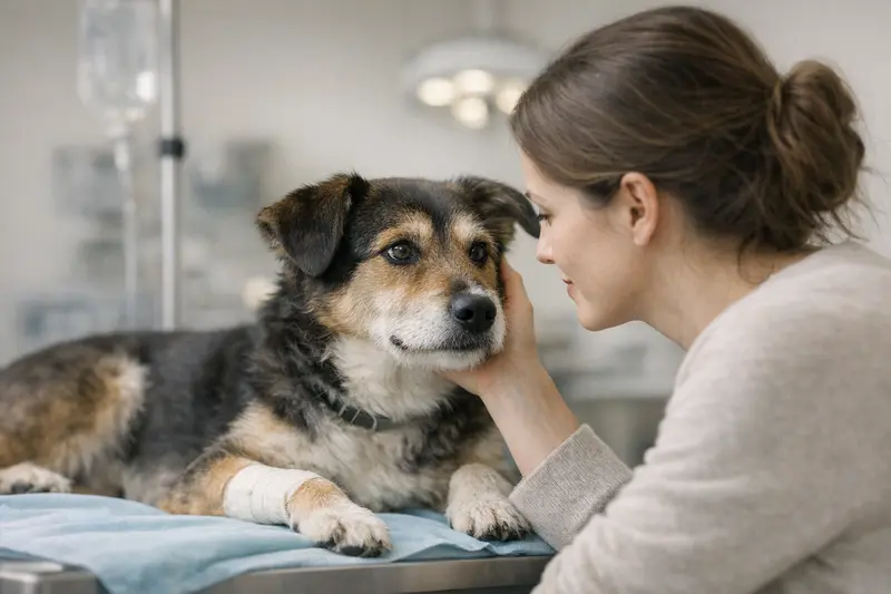 Ein ruhiger Hund liegt entspannt auf einem Untersuchungstisch in einer modernen Tierklinik.