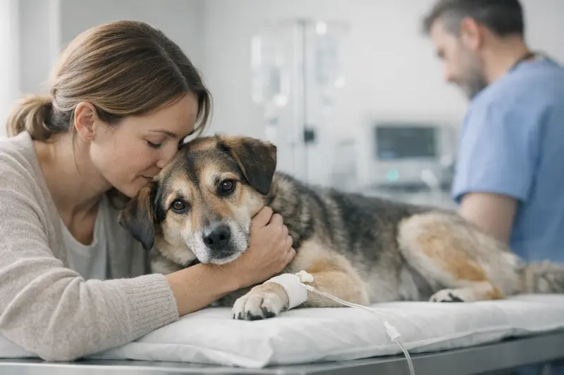 Ein beruhigender Hund in einer Tierarztpraxis zeigt Ruhe in einem medizinischen Notfall.