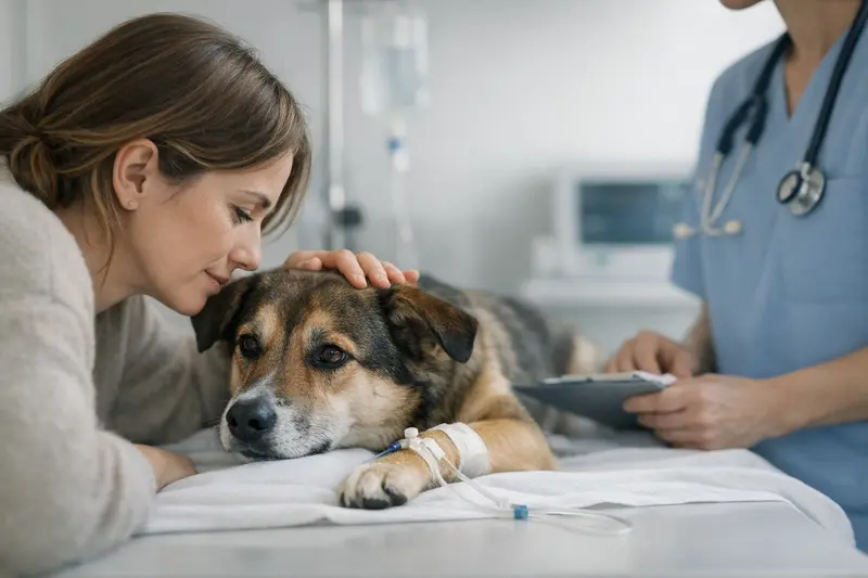 Ein Hund in einer klinischen Umgebung wird von einem Tierarzt untersucht.