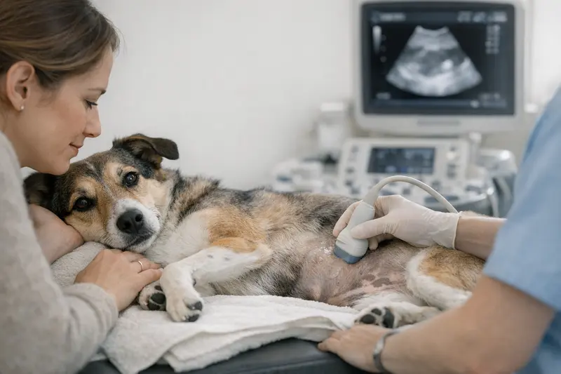 Ein Hund liegt in einer Tierarztpraxis für einen Abdomen-Ultraschall zur Diagnose.
