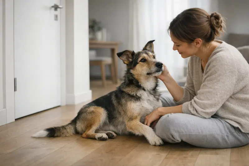Ein freundlicher Hund sitzt in einer modernen Mietwohnung und genießt das gemütliche Ambiente.