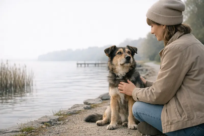 Ein fröhlicher Hund spielt am Wasser während eines Spaziergangs in der Natur.