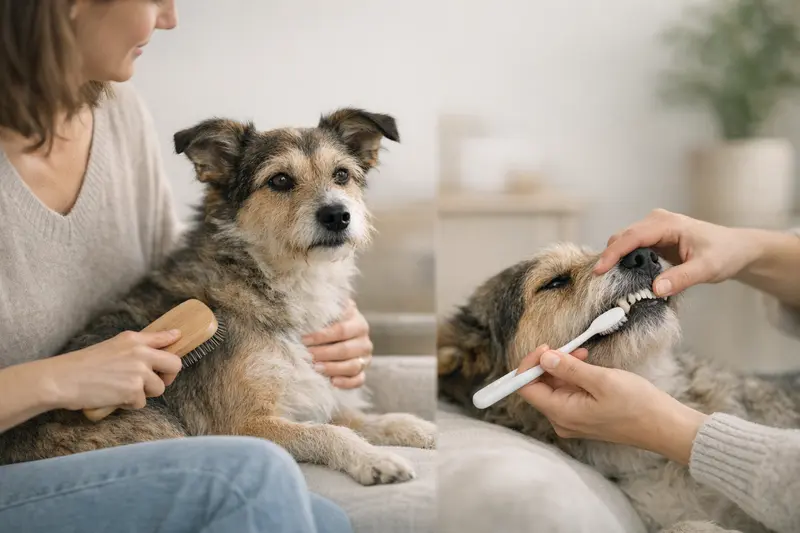 Ein Hund wird liebevoll während der Fellpflege gebürstet, was die Bedeutung der Tierpflege unterstreicht.