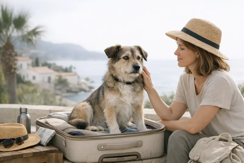 Ein glücklicher Hund entspannt in einer malerischen Urlaubslandschaft.