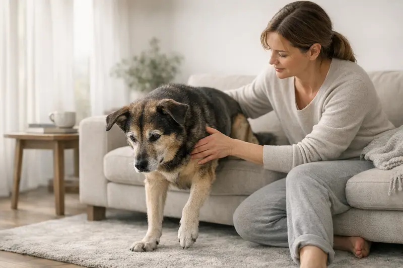 Ein ruhiger Hund sitzt entspannt auf der Wiese und zeigt Lebensqualität trotz Arthrose.