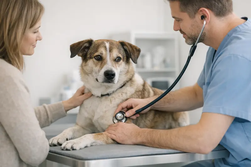 Ein ruhiger Hund wird in einer Tierarztpraxis behandelt, wodurch Vertrauen und Sicherheit vermittelt werden.