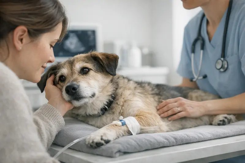 Ein ruhiger Hund wird im Tierarztumfeld behandelt, während sein Halter beruhigend neben ihm steht.