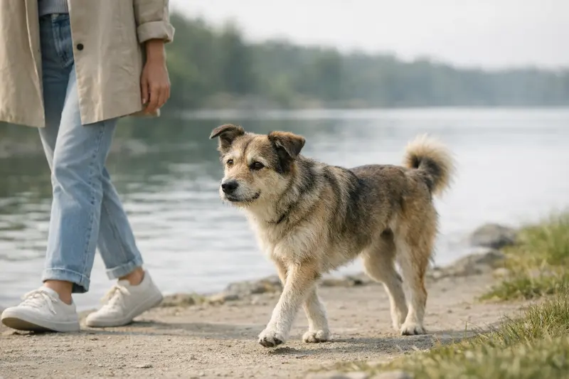 Ein ruhiger Hund steht während eines Spaziergangs auf einer Wiese und wirkt entspannt.
