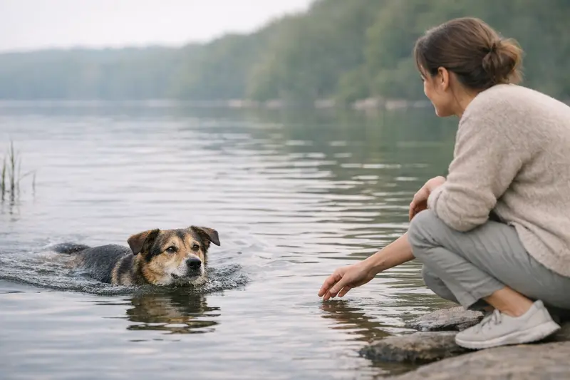 Ein gesunder Hund geht entspannt am Wasser entlang.
