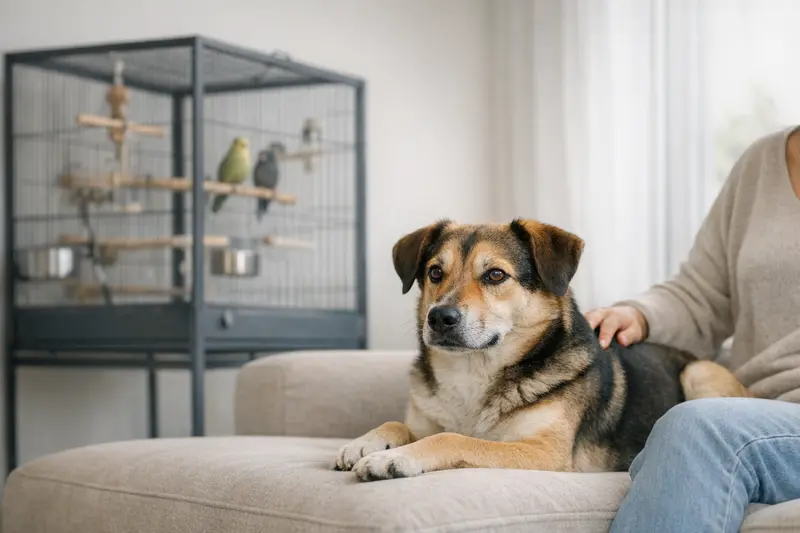 Ein ruhiger Hund sitzt vor einer sicher platzierten Voliere und strahlt Gelassenheit aus.