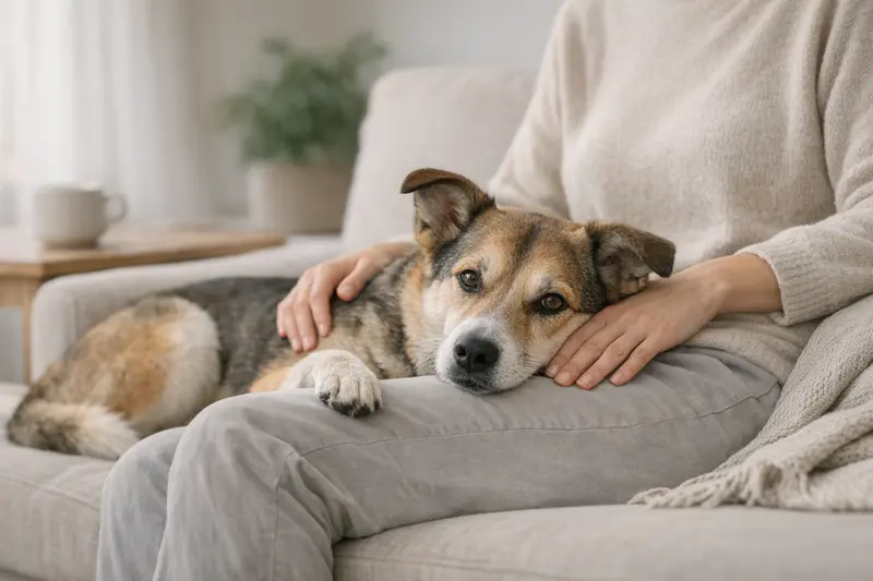 Ein ruhiger Hund liegt entspannt in einem gemütlichen Wohnzimmer und vermittelt Fürsorge.