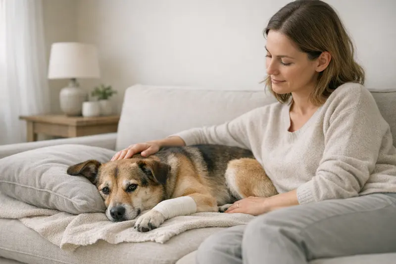 Ein ruhiger Hund liegt bequem in einem modernen Wohnzimmer und erholt sich.
