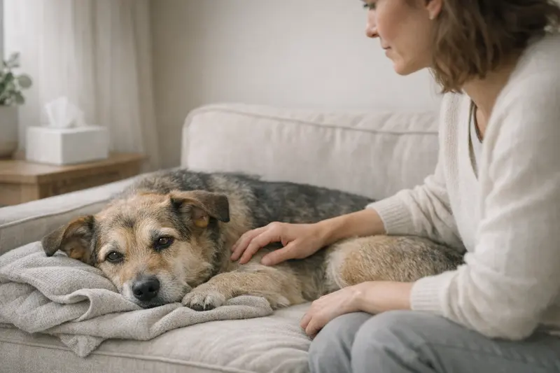 Ein ruhiger Hund beobachtet aufmerksam in einem gemütlichen Raum, ideal für das Thema Husten bei Hunden.