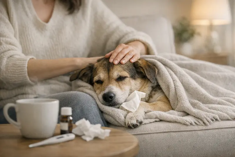Ein entspannter Hund in einem ruhigen Innenraum, der Wärme und Sicherheit ausstrahlt.
